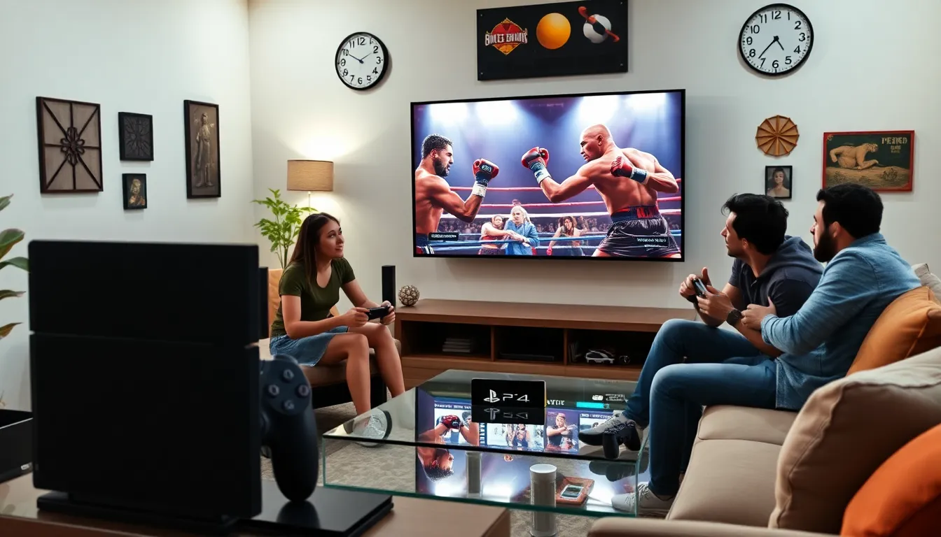 group of friends playing boxing games on a PlayStation 4.