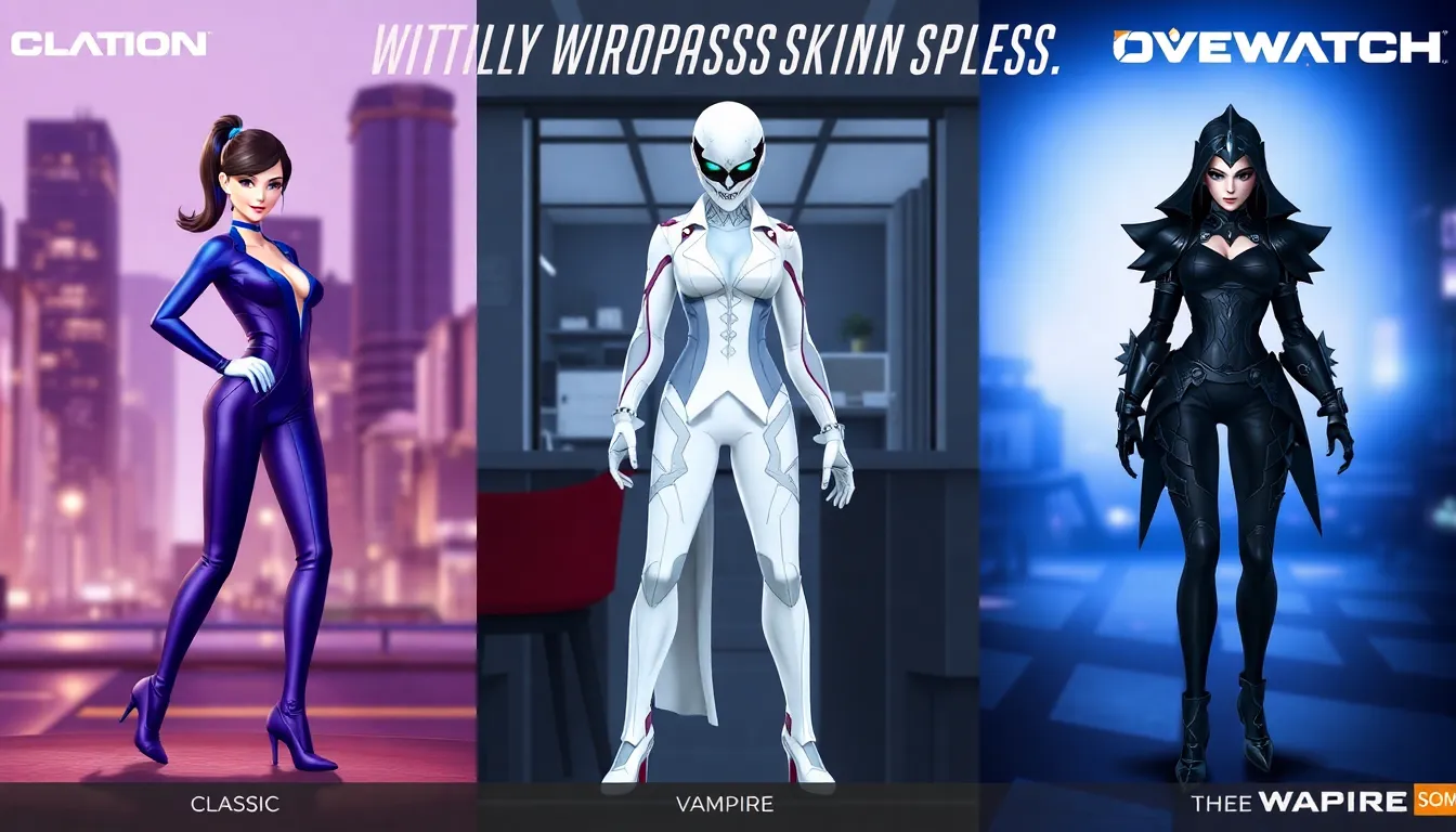 three versions of Widowmaker skins from Overwatch in a professional setting.