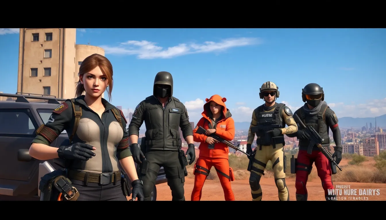 diverse PUBG characters planning strategy in an urban setting.