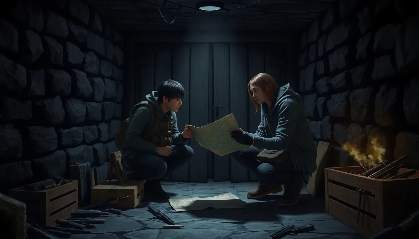 players strategizing in a dimly lit PUBG secret basement.
